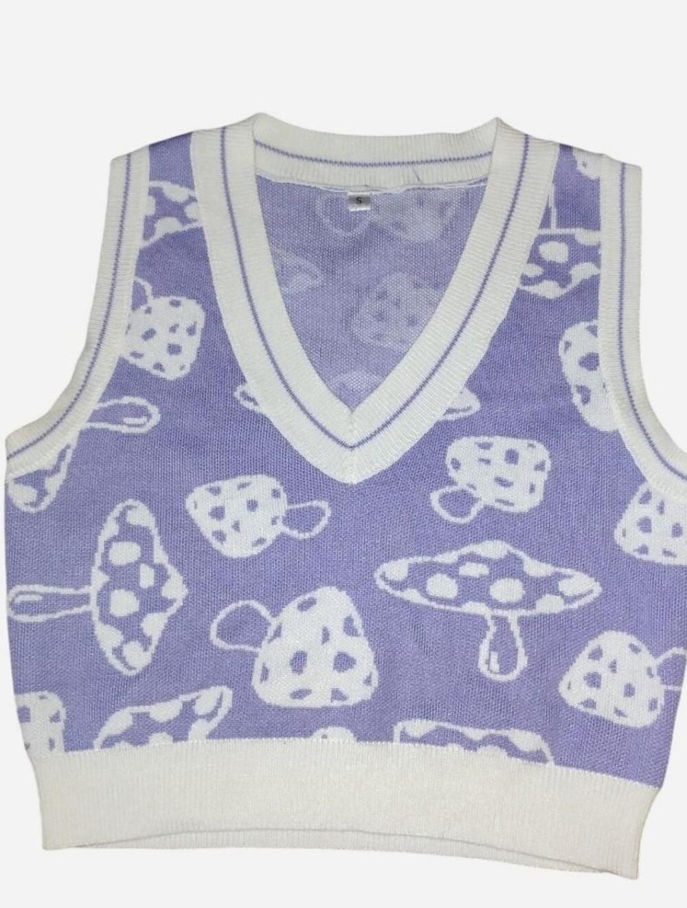 Lilac Purple & White All-Over Mushroom Pattern V-Neck Knit Crop Sweater Vest Siz